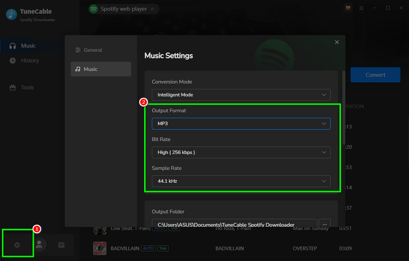 Settings Section Tunecable