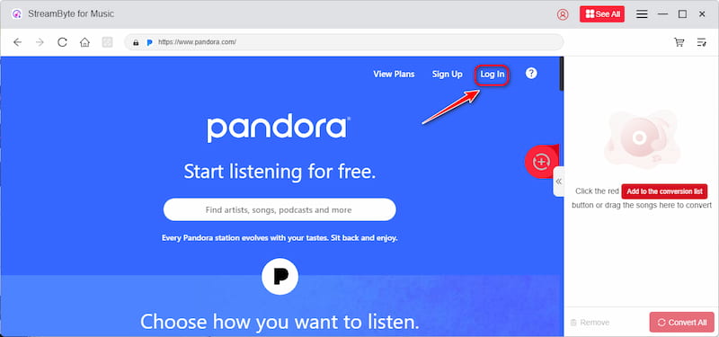 Log in Pandora