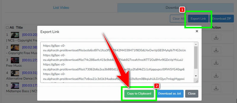 Export Link Copy To Clipboard